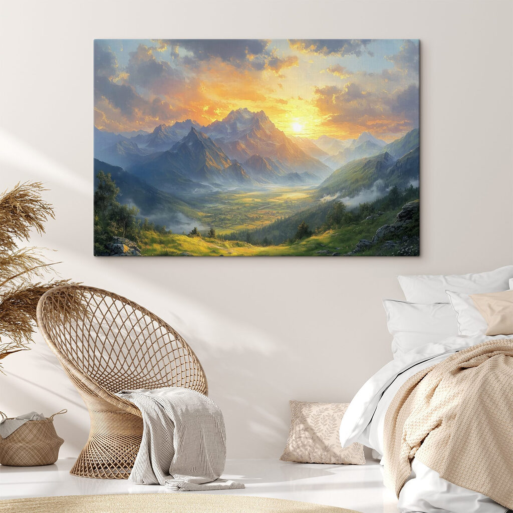 Landscape of mountains and a valley with clouds and sun Landscape of mountains and a valley with clouds and sun