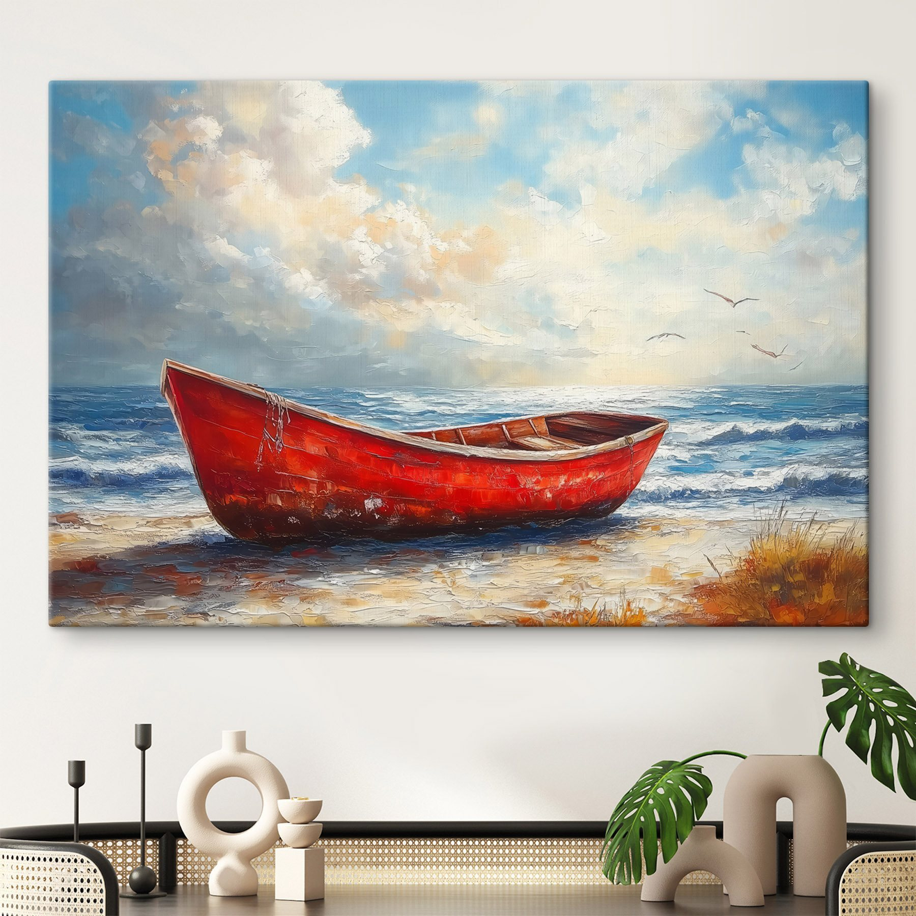 Painting of a boat on a beach