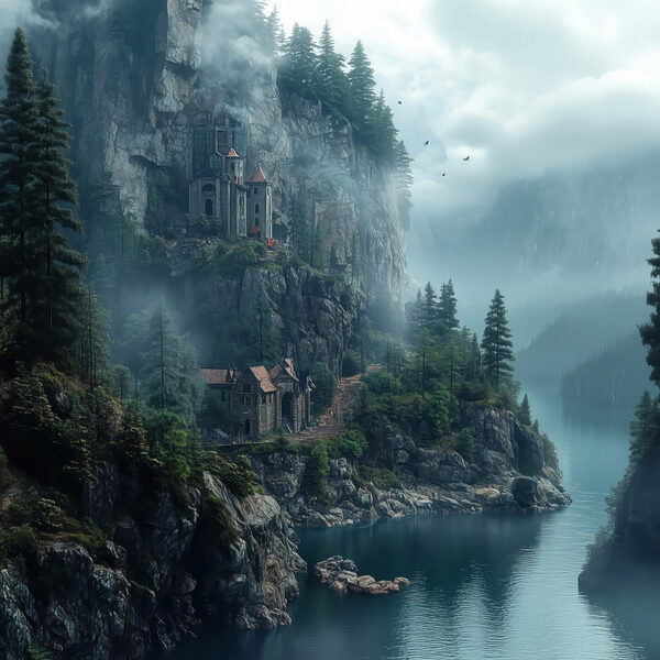 River with a house on a cliff River with a house on a cliff