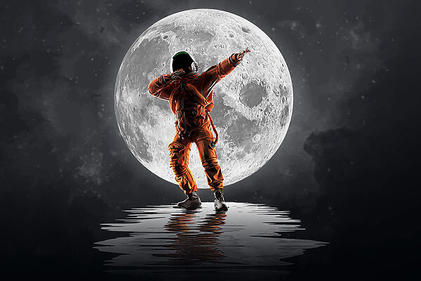Man in an orange suit standing in front of a full moon Man in an orange suit standing in front of a full moon