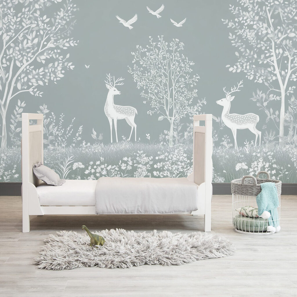White deer and birds in a forest White deer and birds in a forest