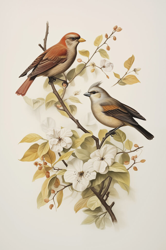 Two birds on a branch with flowers