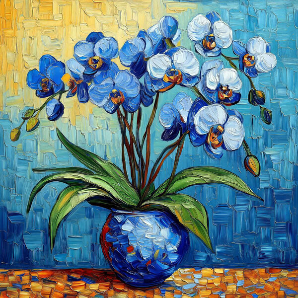 Painting of flowers in a blue vase Painting of flowers in a blue vase