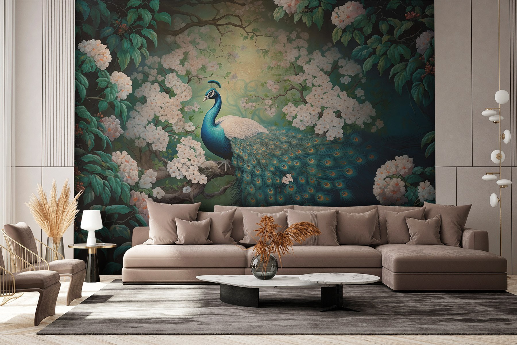 Painting of a peacock on a tree branch Painting of a peacock on a tree branch