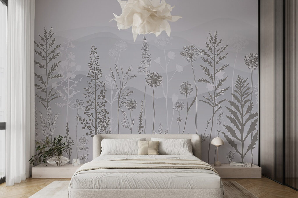 Grey and white background with plants and mountains Grey and white background with plants and mountains