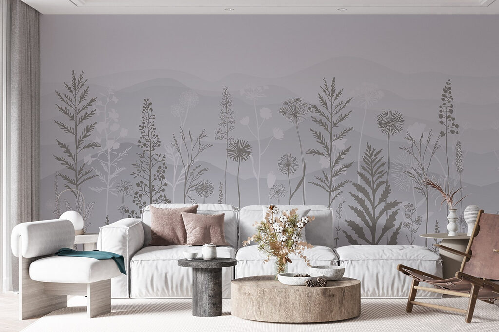 Grey and white background with plants and mountains Grey and white background with plants and mountains