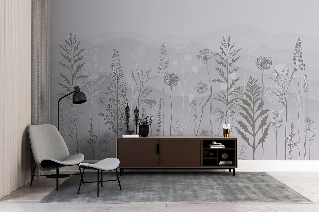 Grey and white background with plants and mountains Grey and white background with plants and mountains