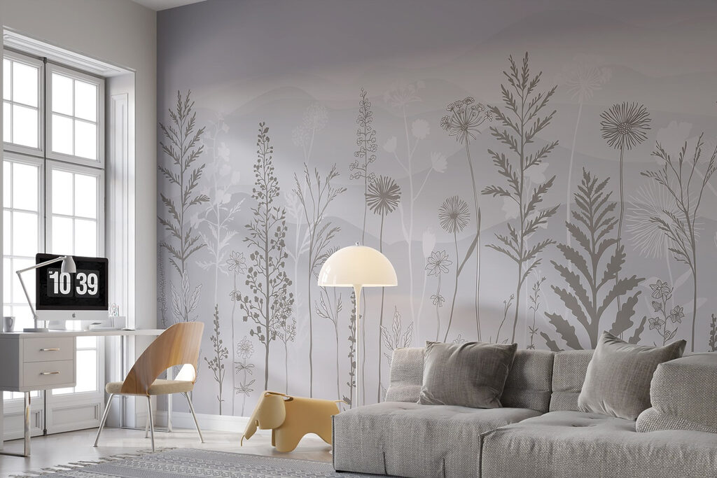 Grey and white background with plants and mountains Grey and white background with plants and mountains