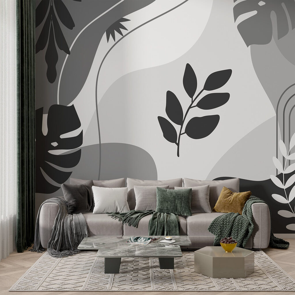 Black and white image of leaves and plants