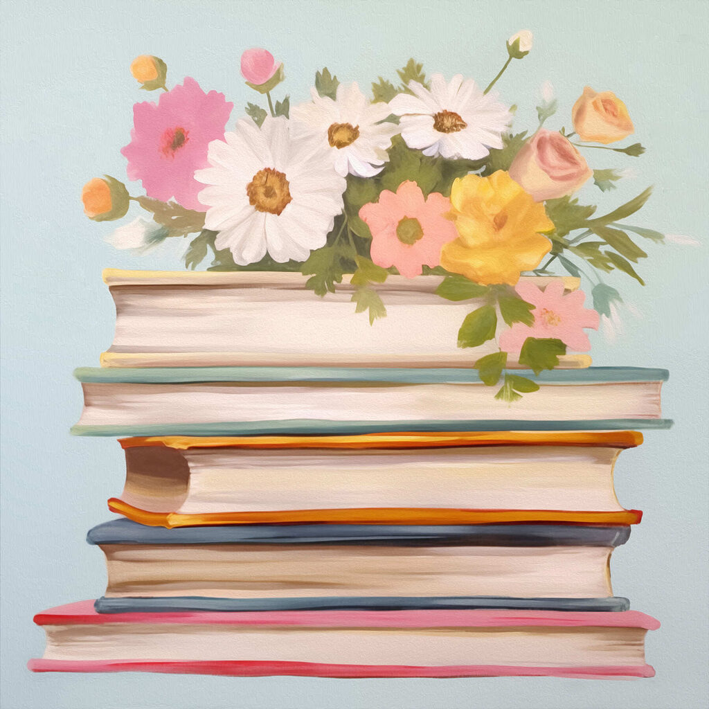 Painting of a stack of books with flowers on top