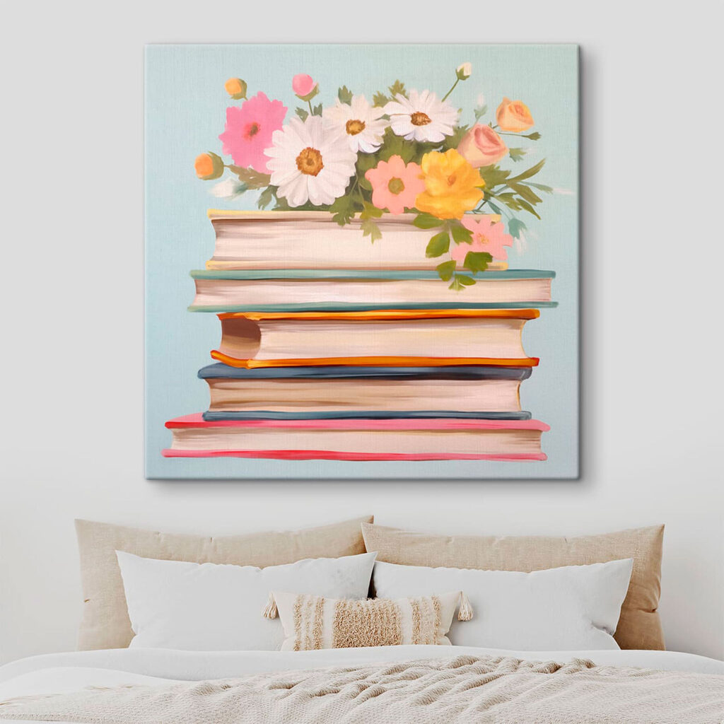 Painting of a stack of books with flowers on top