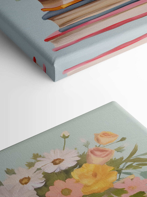 Painting of a stack of books with flowers on top Painting of a stack of books with flowers on top