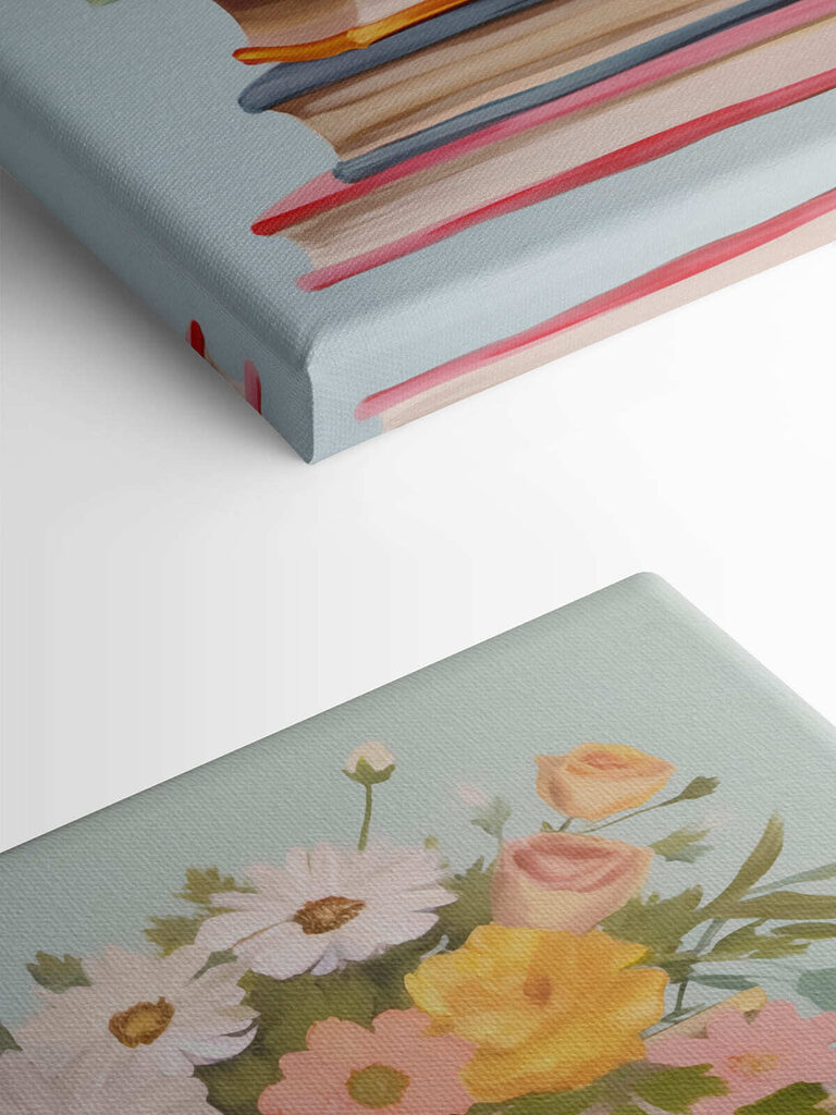 Painting of a stack of books with flowers on top