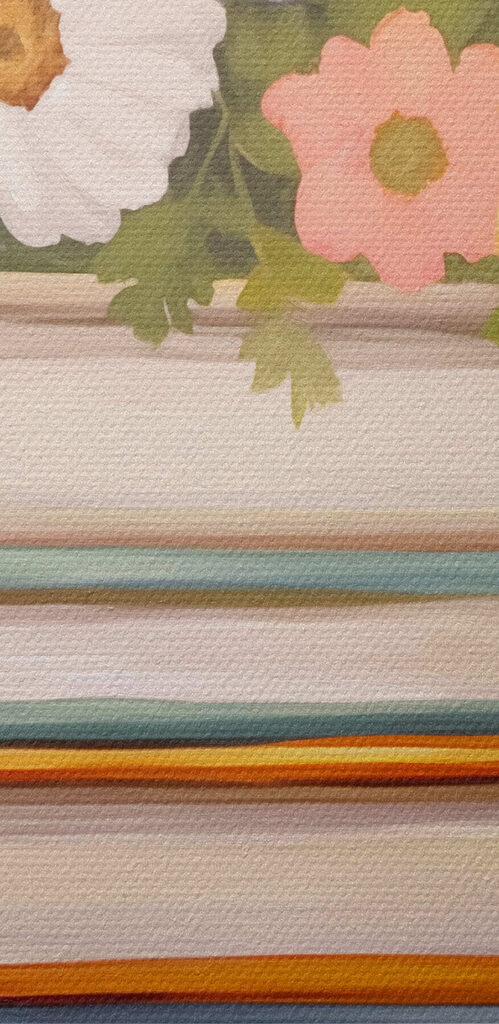 Painting of a stack of books with flowers on top