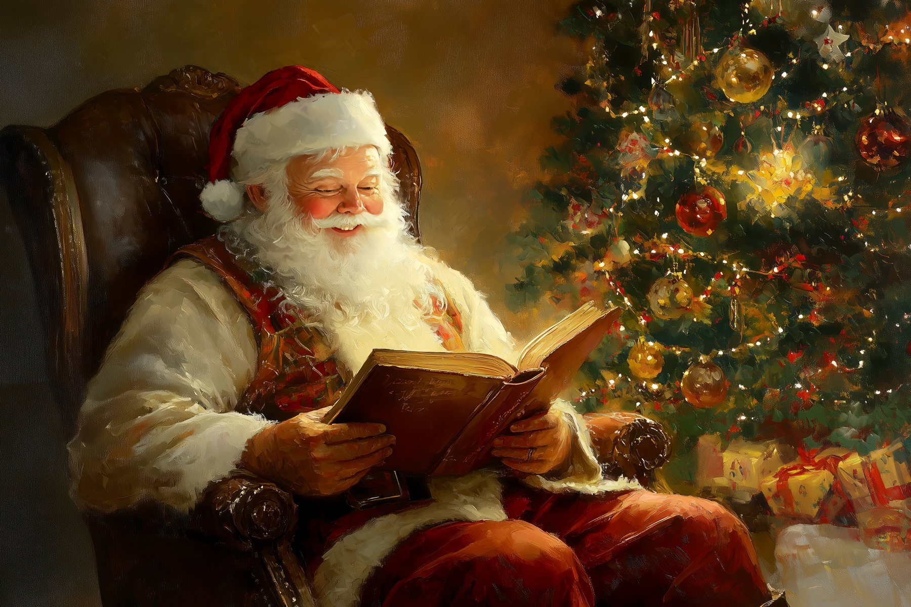 Painting of a santa reading a book Painting of a santa reading a book