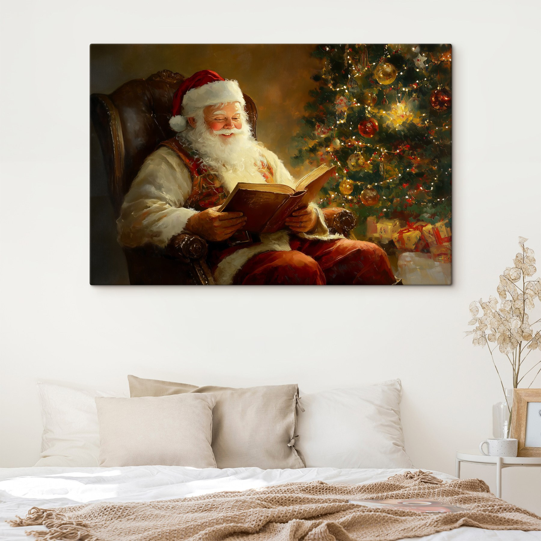 Painting of a santa reading a book