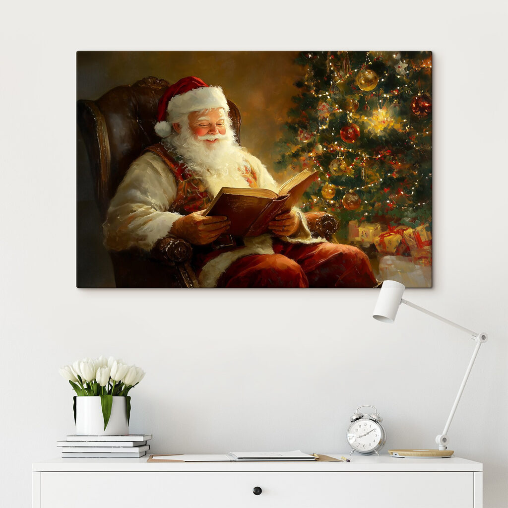 Painting of a santa reading a book