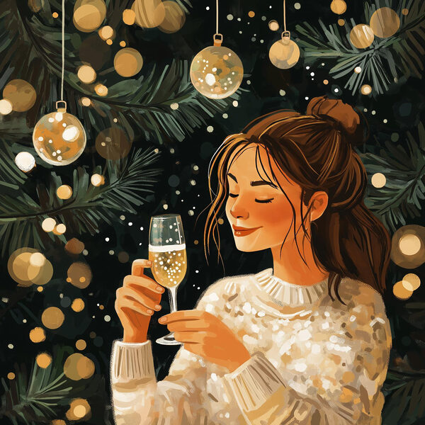 Woman holding a glass of champagne under a christmas tree Woman holding a glass of champagne under a christmas tree