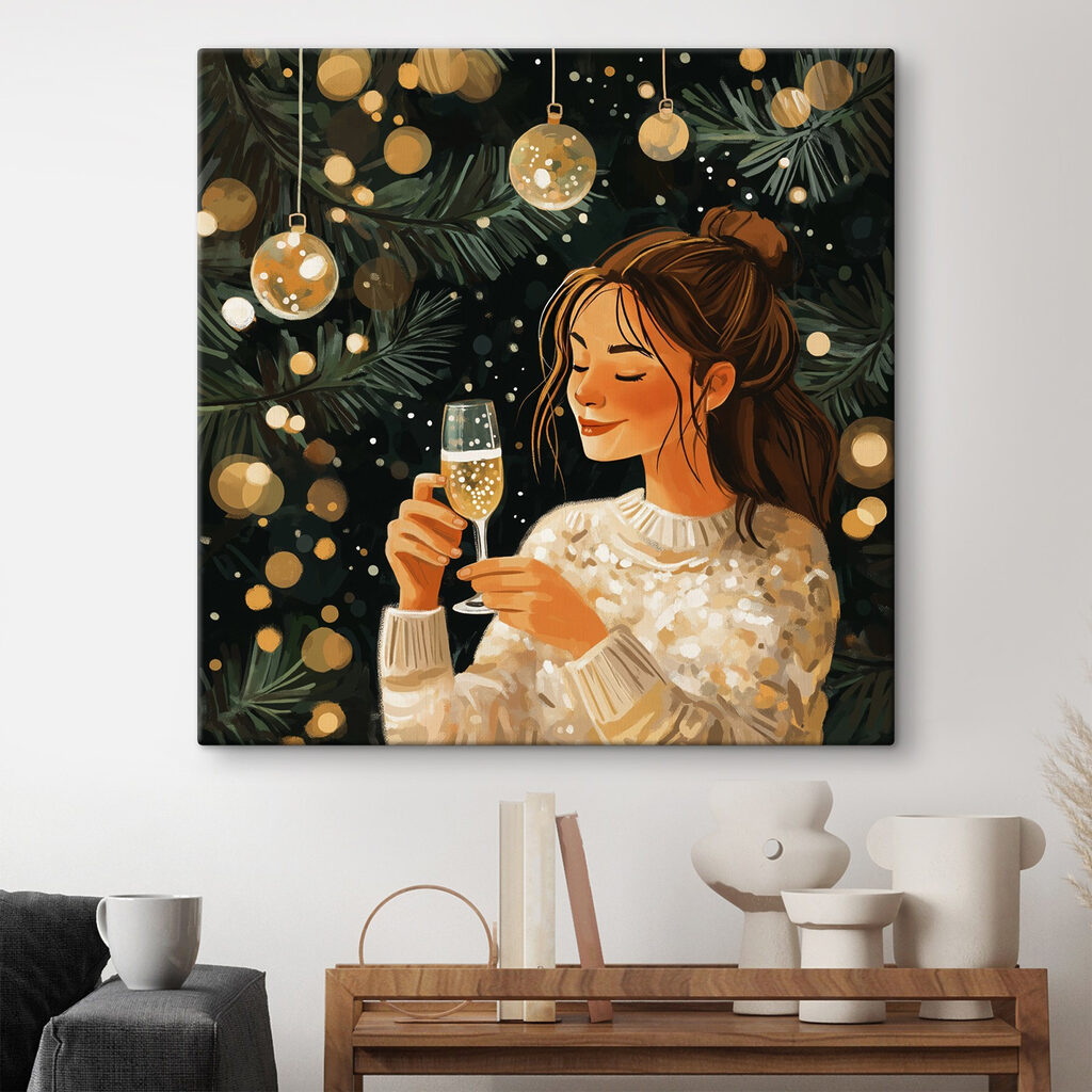 Woman holding a glass of champagne under a christmas tree Woman holding a glass of champagne under a christmas tree