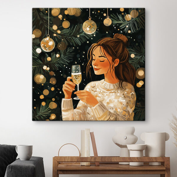 Woman holding a glass of champagne under a christmas tree Woman holding a glass of champagne under a christmas tree