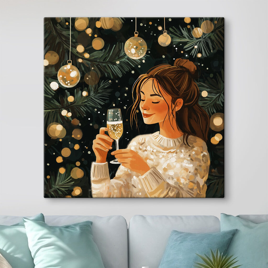 Woman holding a glass of champagne under a christmas tree Woman holding a glass of champagne under a christmas tree