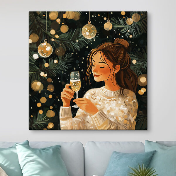 Woman holding a glass of champagne under a christmas tree Woman holding a glass of champagne under a christmas tree