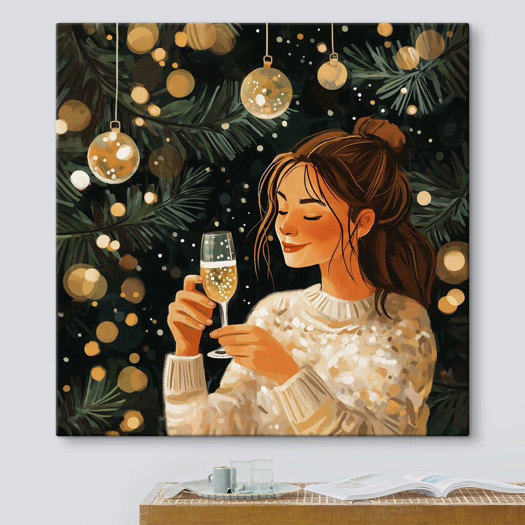 Woman holding a glass of champagne under a christmas tree Woman holding a glass of champagne under a christmas tree