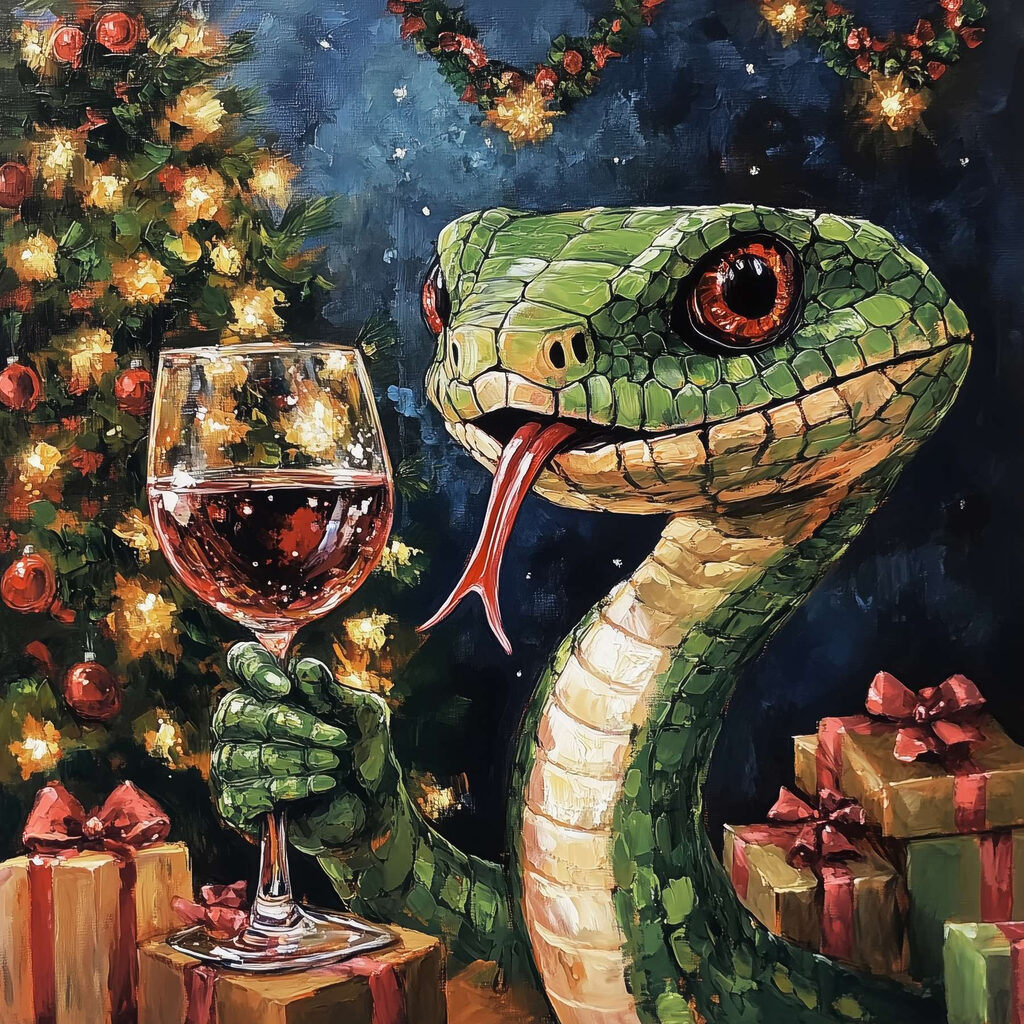 Painting of a snake holding a glass of wine