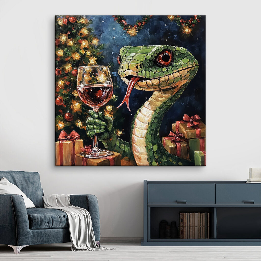 Painting of a snake holding a glass of wine