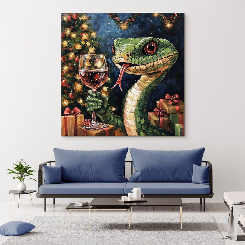 Painting of a snake holding a glass of wine