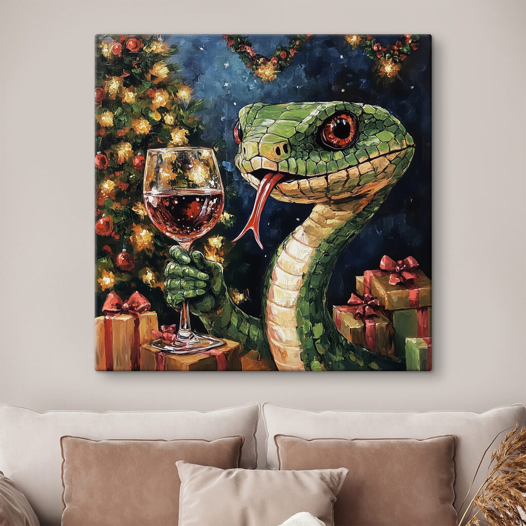 Painting of a snake holding a glass of wine