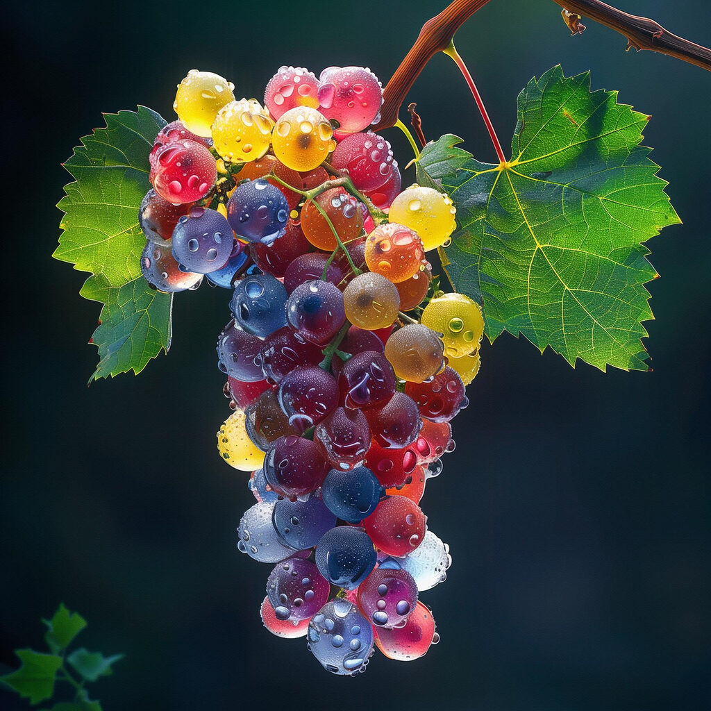 Bunch of colorful grapes with water droplets on them