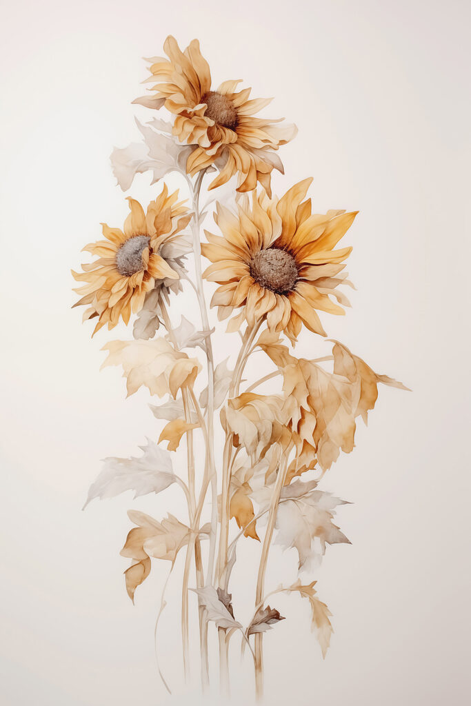 Painting of sunflowers on a white background