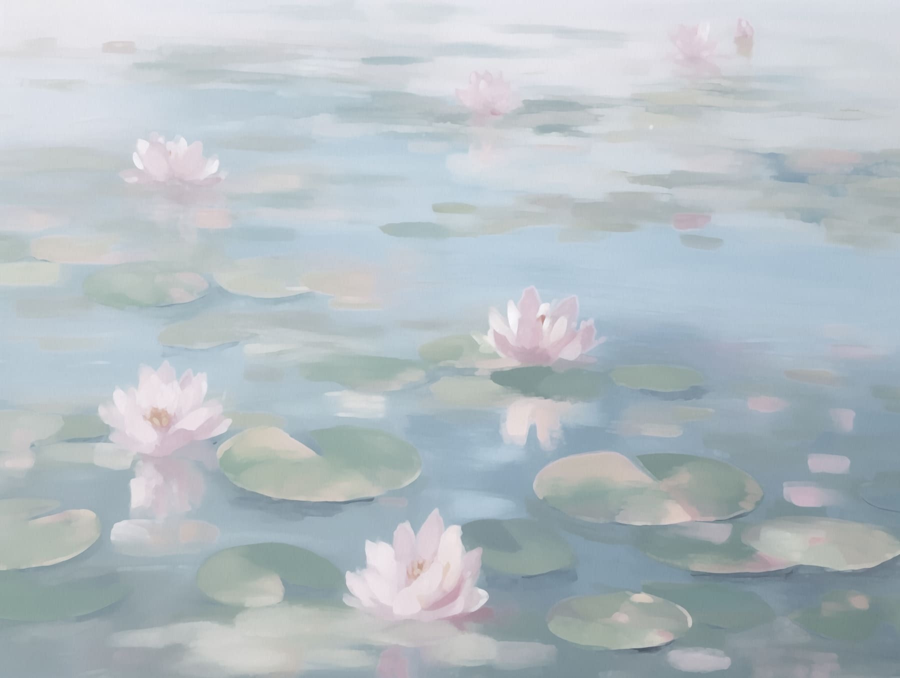 Water with lily pads and pink flowers Water with lily pads and pink flowers