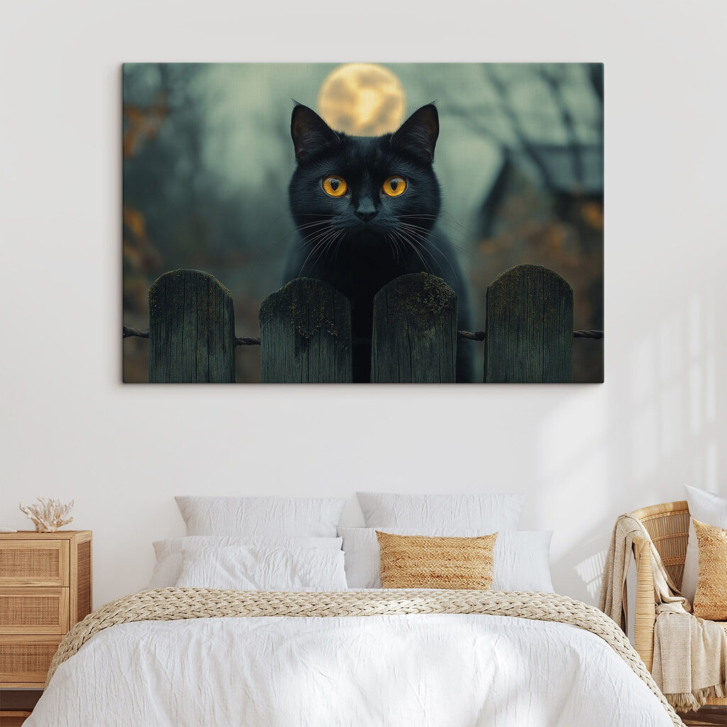 Black cat with yellow eyes behind a fence Black cat with yellow eyes behind a fence