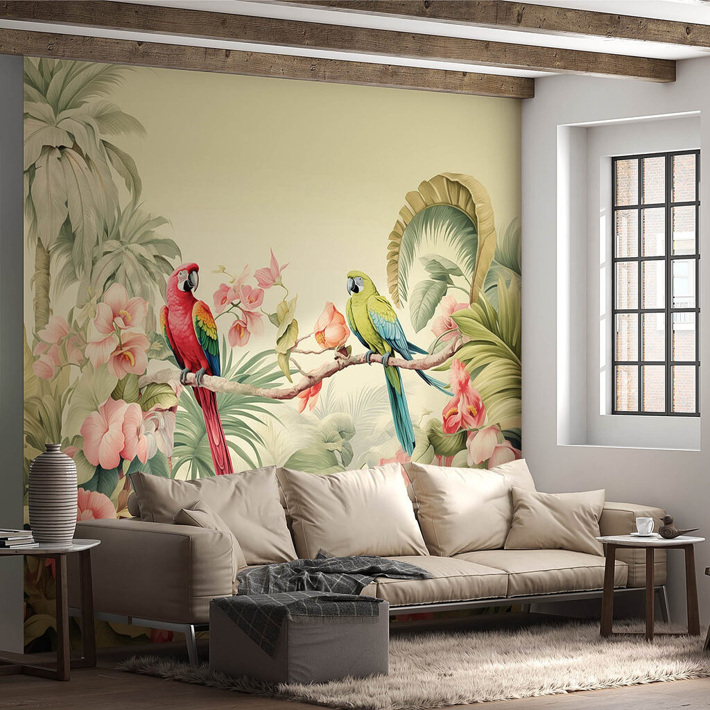 Couple of parrots on a branch with flowers