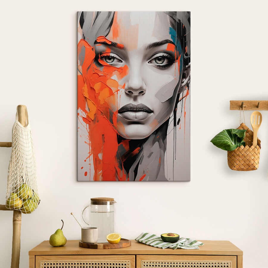 Painting of a woman with orange paint on her face Painting of a woman with orange paint on her face