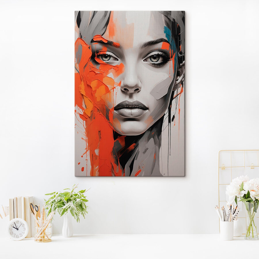 Painting of a woman with orange paint on her face Painting of a woman with orange paint on her face