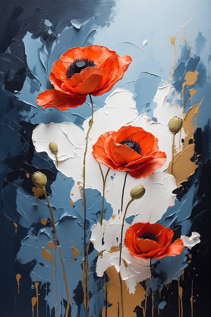 Painting of flowers on a blue and white background