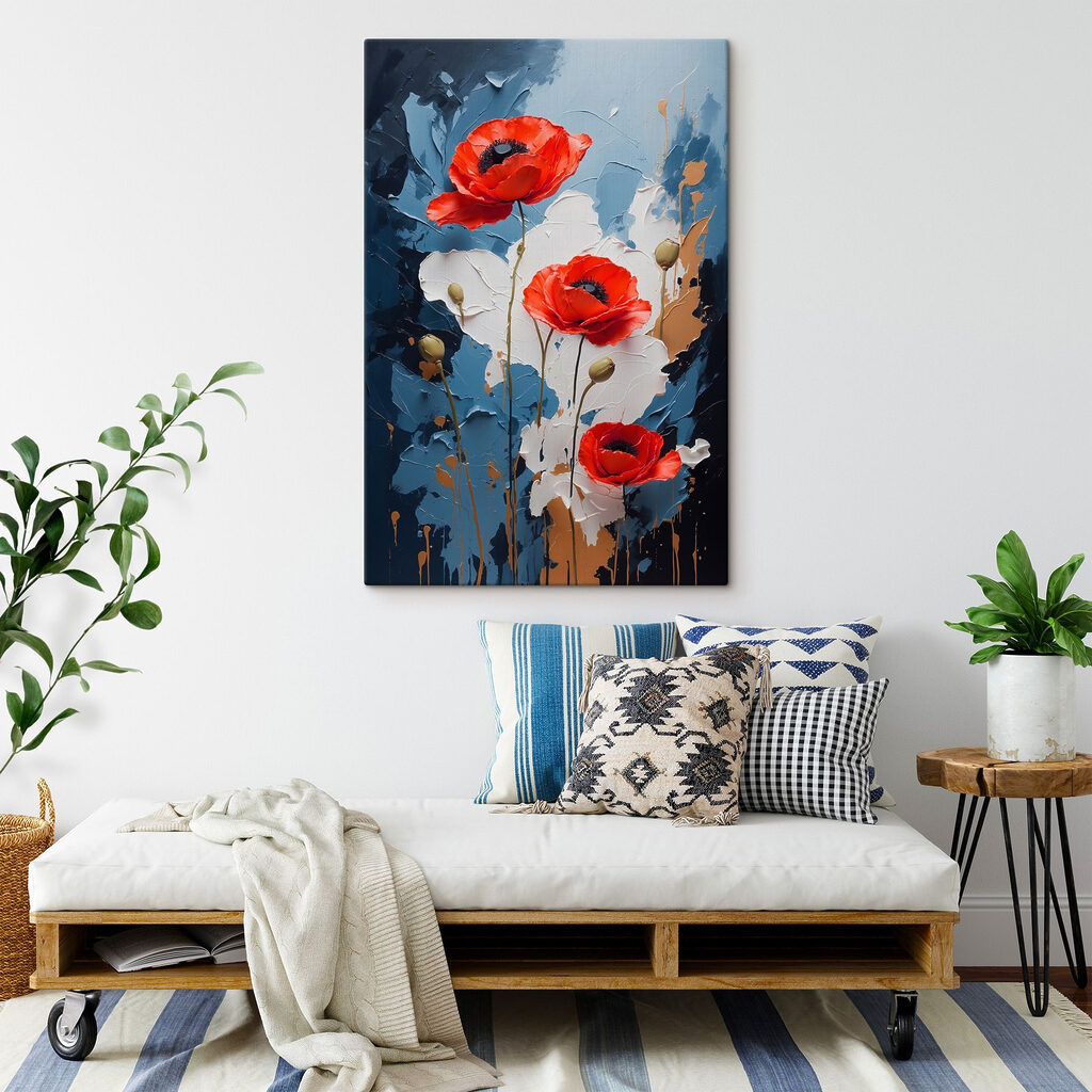 Painting of flowers on a blue and white background