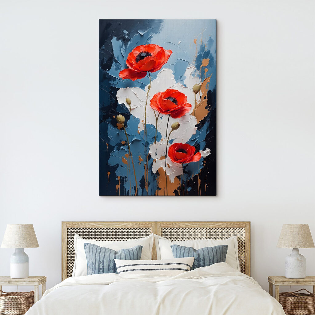 Painting of flowers on a blue and white background