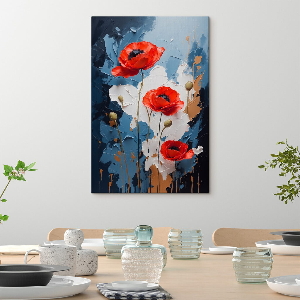 Painting of flowers on a blue and white background