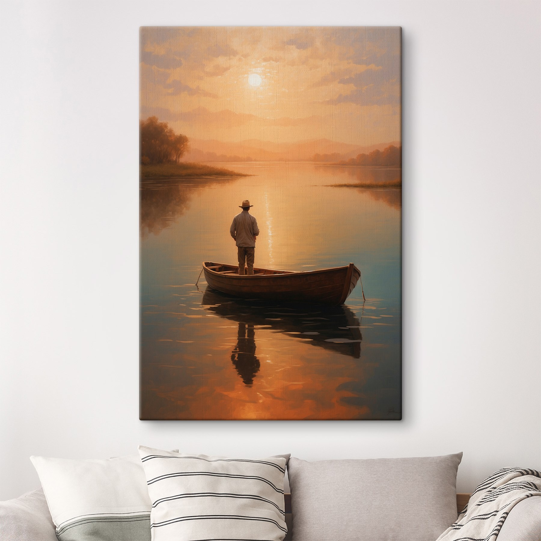 Man standing in a boat on a lake Man standing in a boat on a lake