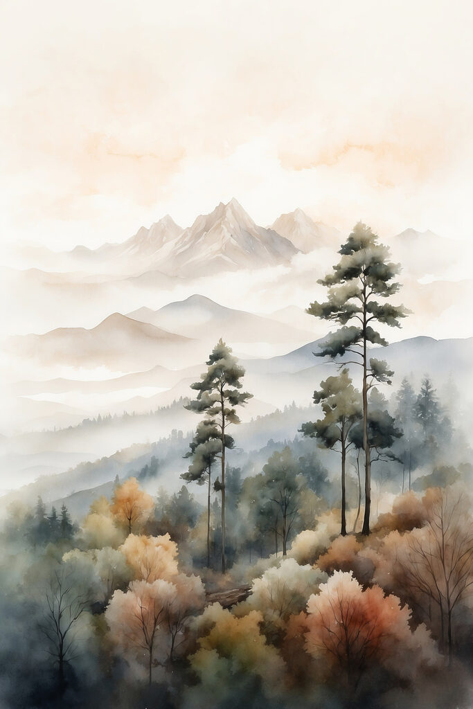 Watercolor painting of trees and mountains