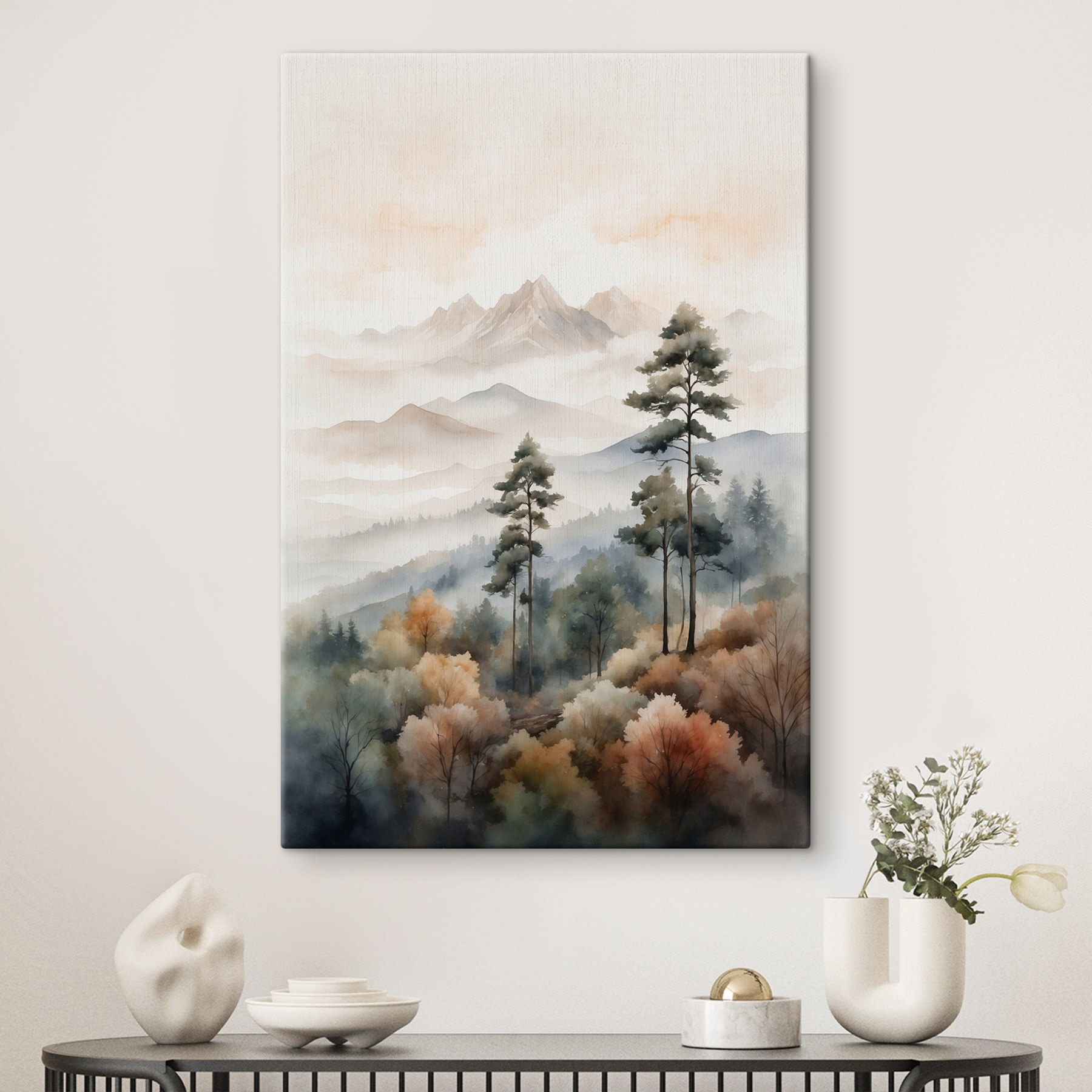 Watercolor painting of trees and mountains