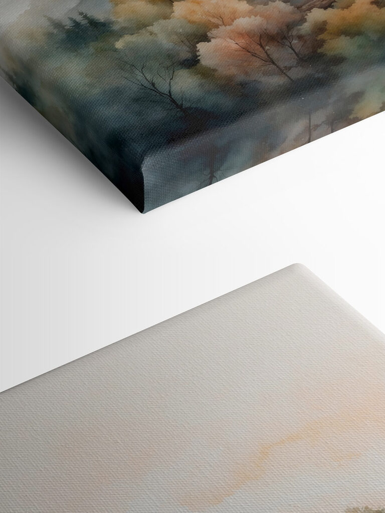 Watercolor painting of trees and mountains