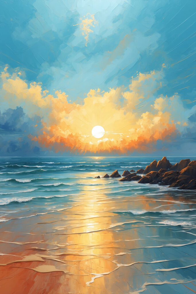 Painting of a beach with rocks and water and the sun Painting of a beach with rocks and water and the sun