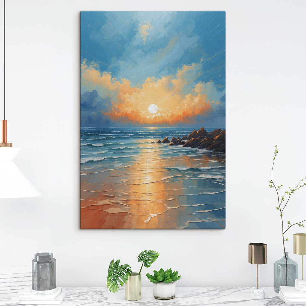 Painting of a beach with rocks and water and the sun Painting of a beach with rocks and water and the sun