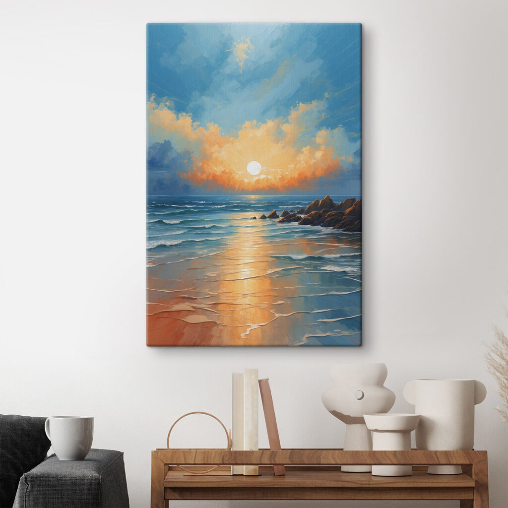 Painting of a beach with rocks and water and the sun Painting of a beach with rocks and water and the sun