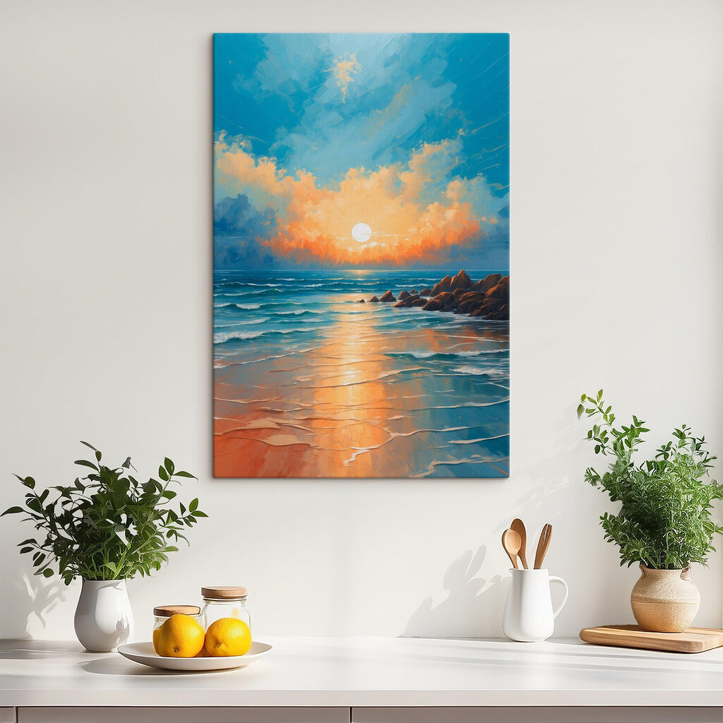 Painting of a beach with rocks and water and the sun Painting of a beach with rocks and water and the sun